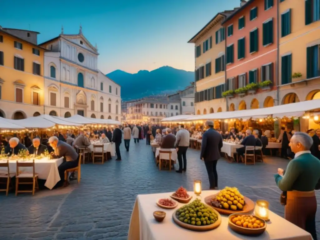 Una piazza italiana llena de vida al atardecer con festivales antipasto italiano tradicionales