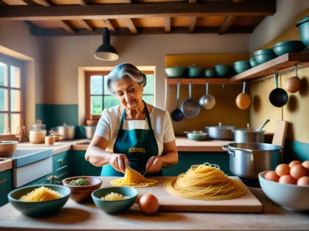 Nonna italiana elaborando pasta a mano en cocina rústica con ingredientes y utensilios tradicionales