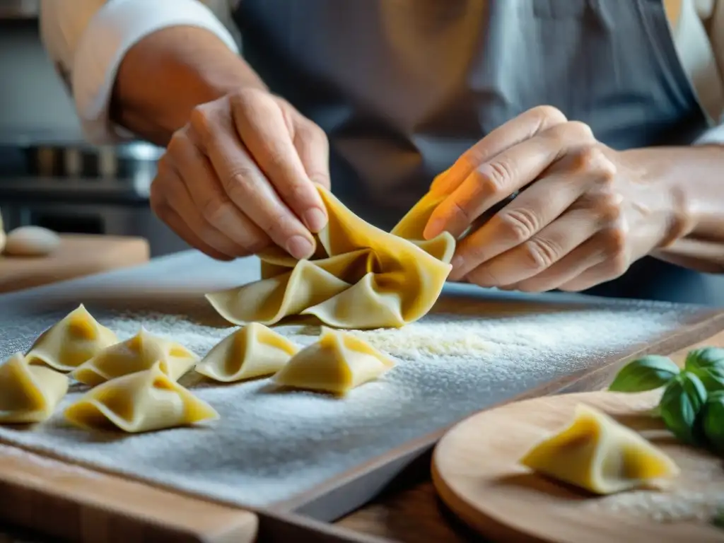 Nonna italiana hábil preparando pasta rellena Agnolotti casera con amor en cocina acogedora en Piamonte, Italia