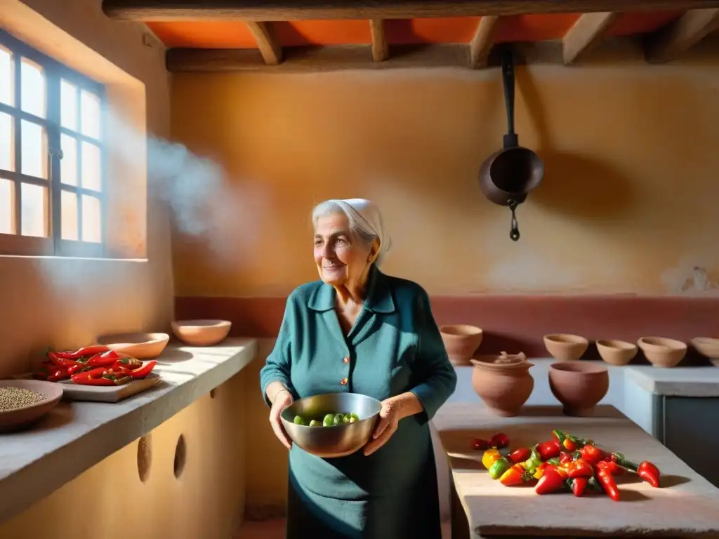 Nonna italiana moler peperoncini en cocina rústica del sur de Italia