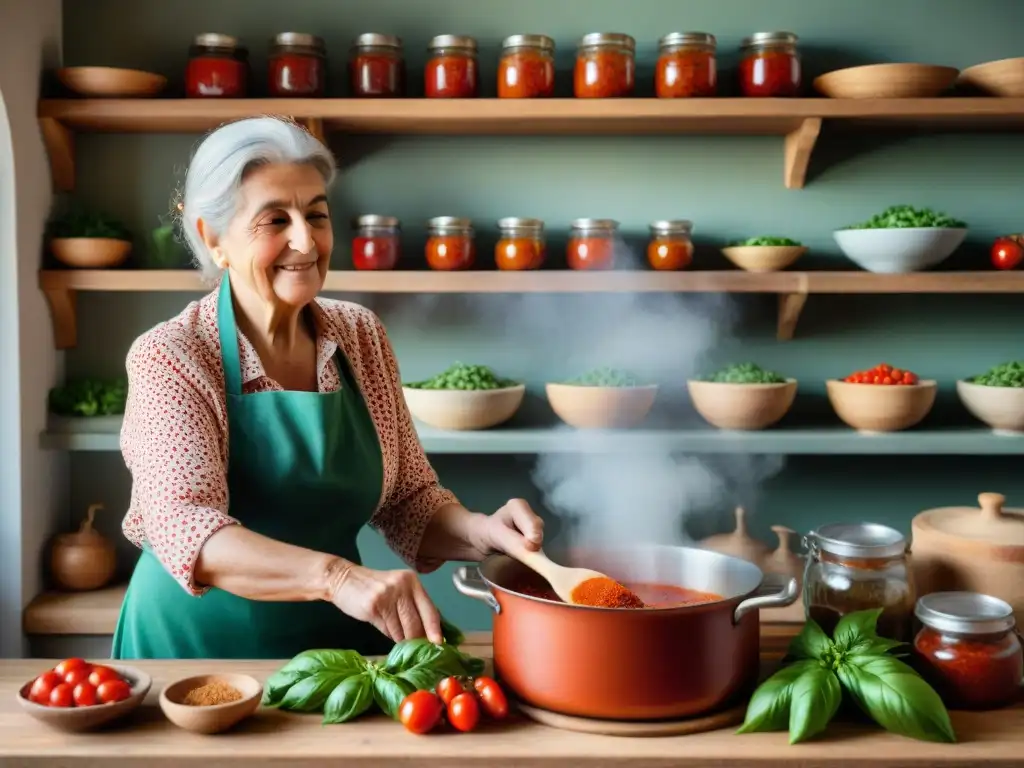 Nonna italiana removiendo salsa marinara en cocina rústica