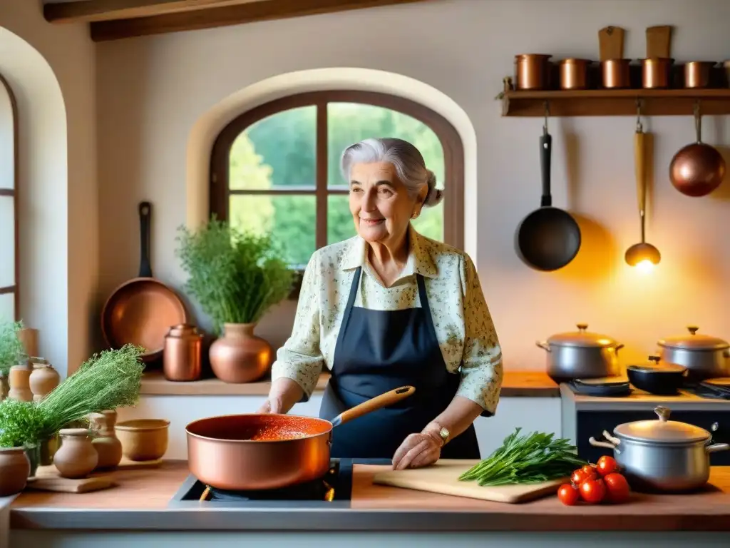 Nonna italiana remueve salsa de tomate en cocina rústica con ollas de cobre