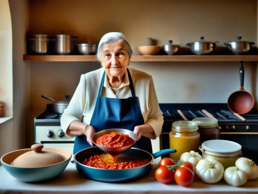 'Nonna italiana remueve salsa de tomate en cocina tradicional con recetas antiguas, creando identidad culinaria