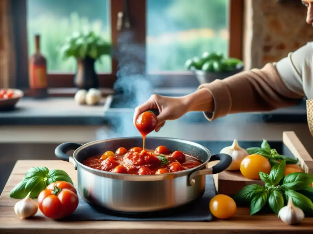 Nonna italiana removiendo salsa de tomate rodeada de ingredientes frescos