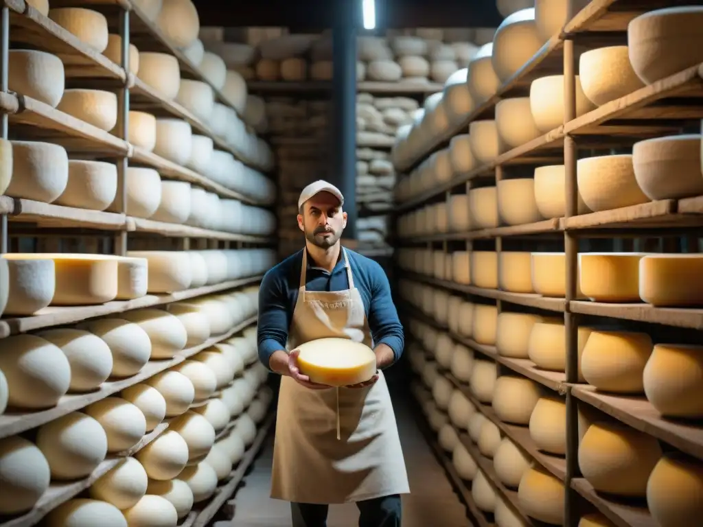 Evolución quesería italiana tradicional: Maestro quesero inspecciona queso Parmigiano Reggiano en bodega