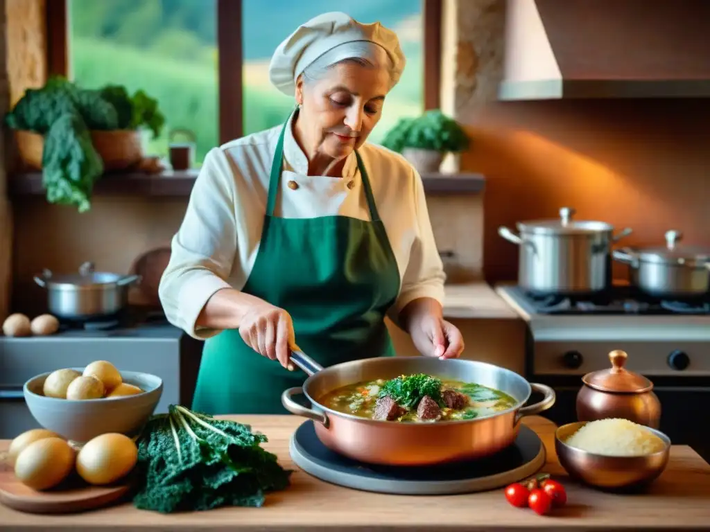 Nonna italiana remueve Zuppa Toscana en cocina rústica de la Toscana