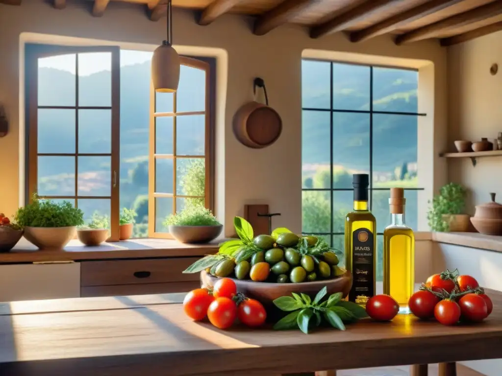 Cocina italiana tradicional: mesa de madera rústica con aceites de oliva y vinagres balsámicos de alta calidad, ingredientes frescos y cálida luz solar Un rincón italiano acogedor con aceites, vinagres y ingredientes frescos