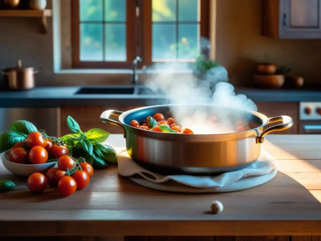 Un rincón de cocina italiano auténtico al atardecer, con una receta auténtica de pollo cacciatore