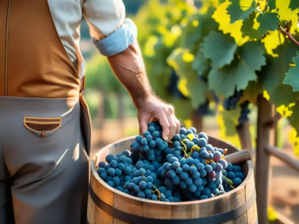 Elaboración vino italiano certificado: Viticultor seleccionando uvas Sangiovese en viñedo toscano al atardecer