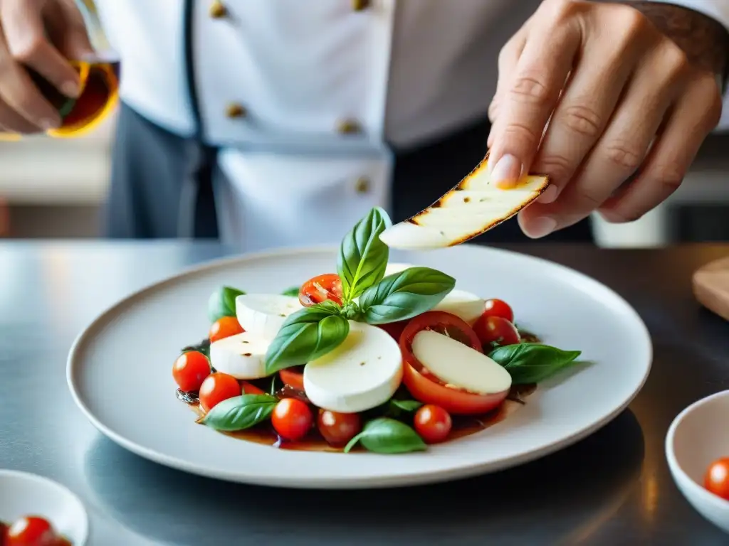 Hábil chef italiano preparando una ensalada caprese con mozzarella fresca, tomate y albahaca, mostrando maestría culinaria