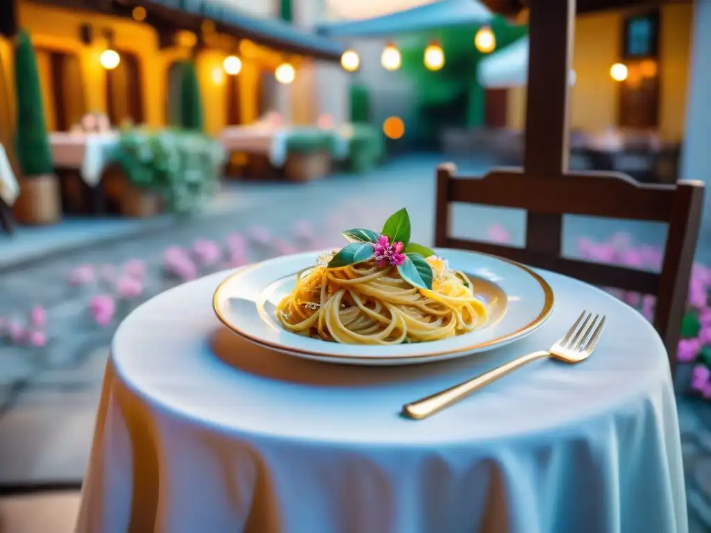 Un rincón italiano de ensueño con mesas elegantes y platos de pasta tradicional