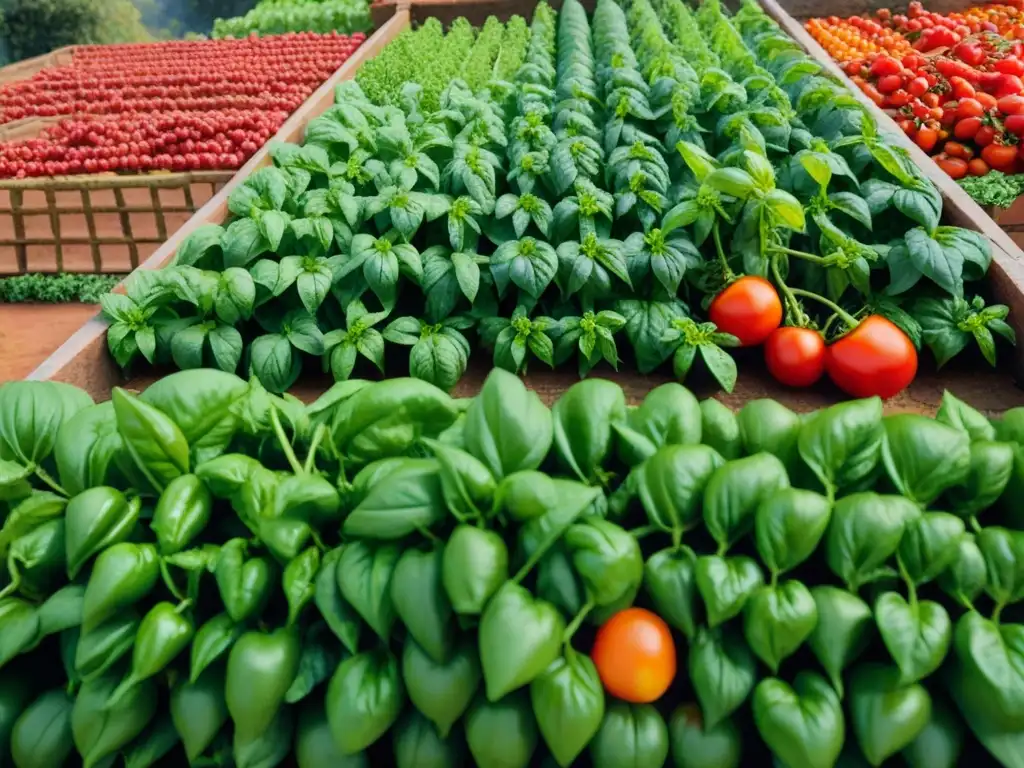 Un jardín italiano exuberante con hierbas, tomates, orégano y pimientos, junto a una villa tradicional