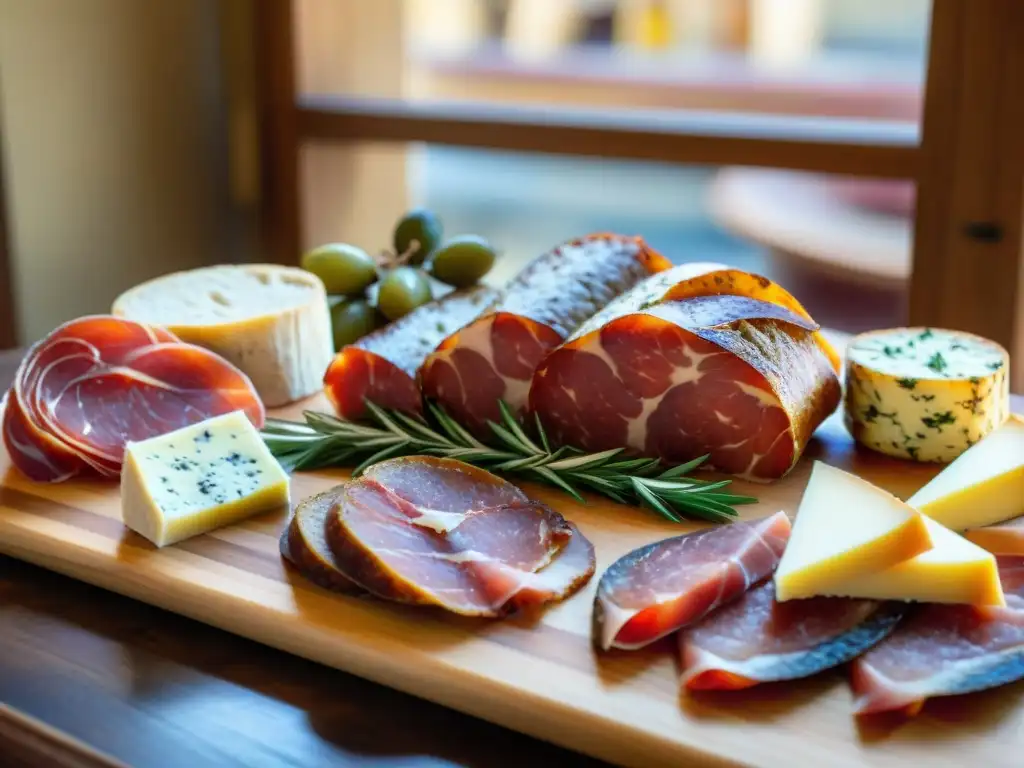 Degustación privada de salumi italiano en una mesa rústica con embutidos, quesos y pan fresco bajo la suave luz natural