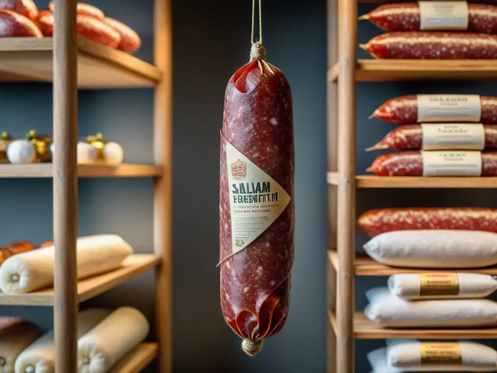 Un salami italiano perfecto, detallado y envejecido, cuelga en una bodega rústica iluminada con marcas de humedad