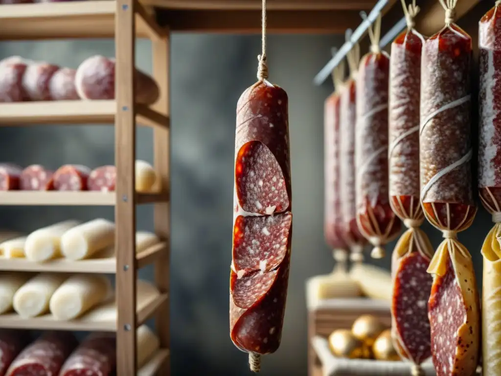 Fermentación salami italiano perfecto: Detalle de salami tradicional colgando en bodega iluminada, resaltando su marbling y moho sutil