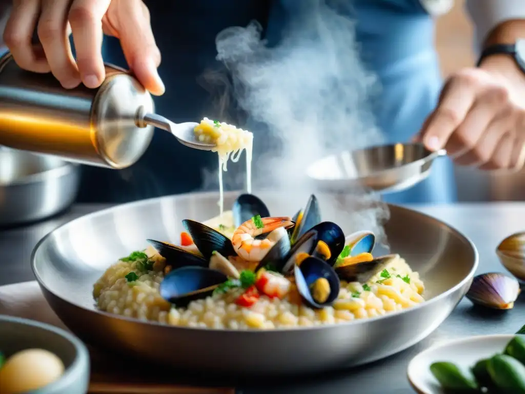 Un hábil chef italiano preparando un risotto de mariscos con técnicas innovadoras en una cocina costera