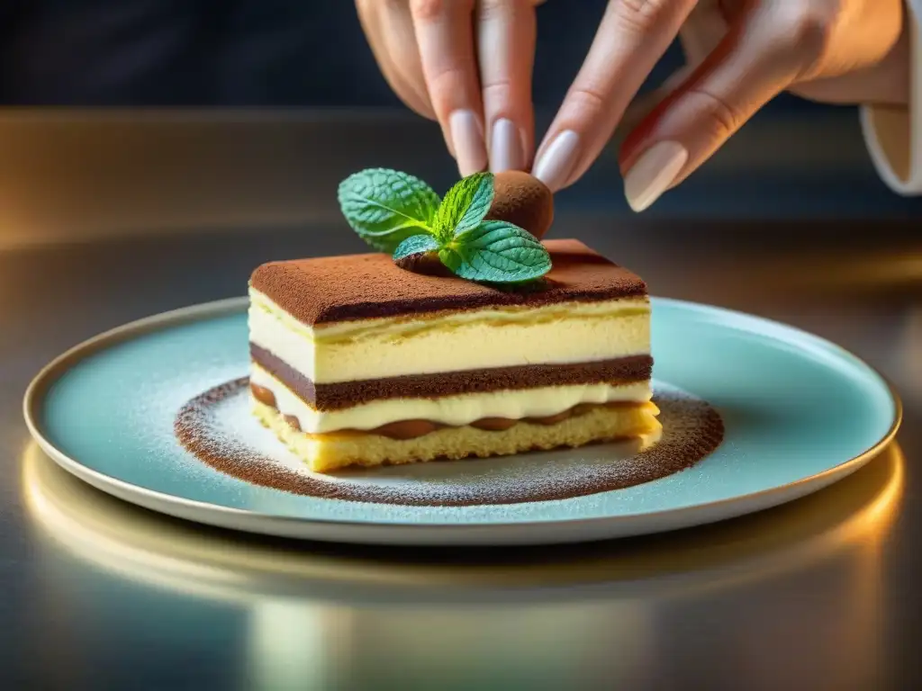 Un hábil chef italiano crea un Tiramisú moderno con técnicas innovadoras en un bullicioso bakery