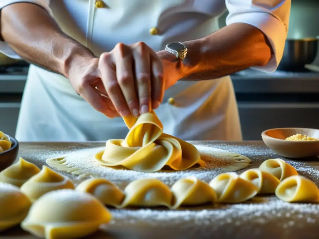 Hábil chef italiano moldea tortellini a mano, destacando técnicas tradicionales de cocina italiana regional