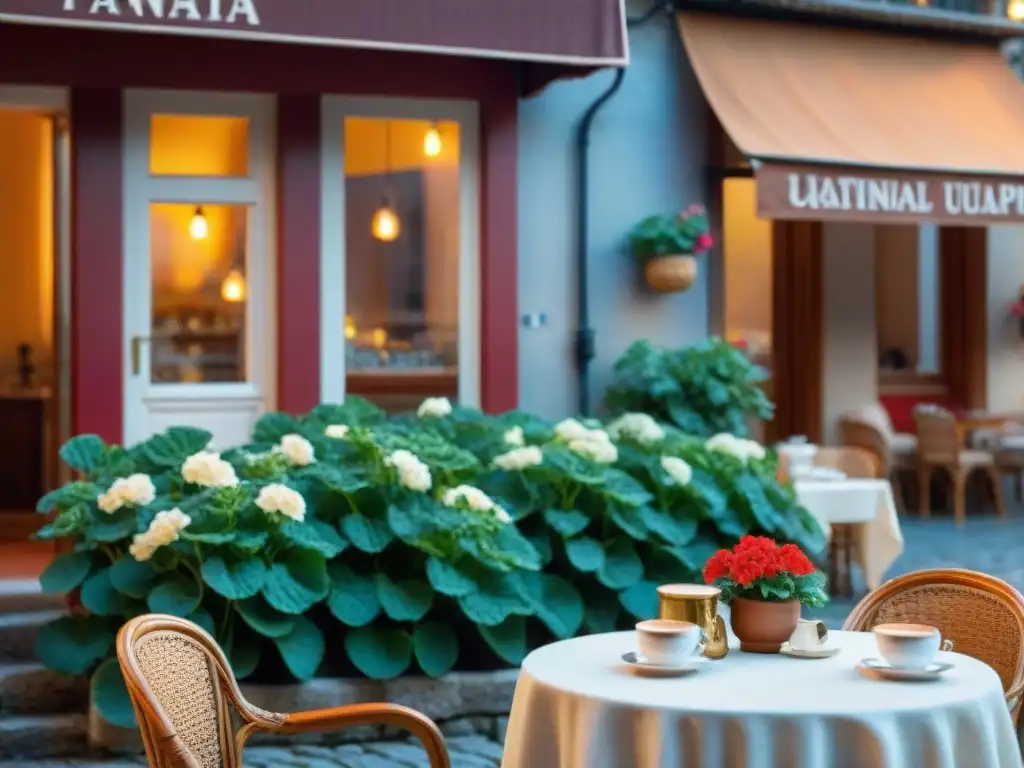 Café italiano tradicional en plazas: Plazuela bulliciosa con cafés, terrazas y geranios rojos en el atardecer dorado