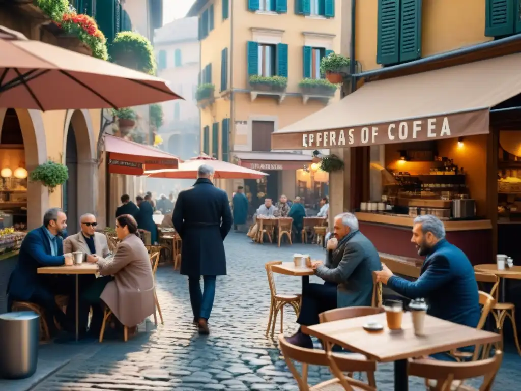 Un rincón de café italiano tradicional en plazas, donde la luz matutina y las conversaciones crean un ambiente acogedor y animado