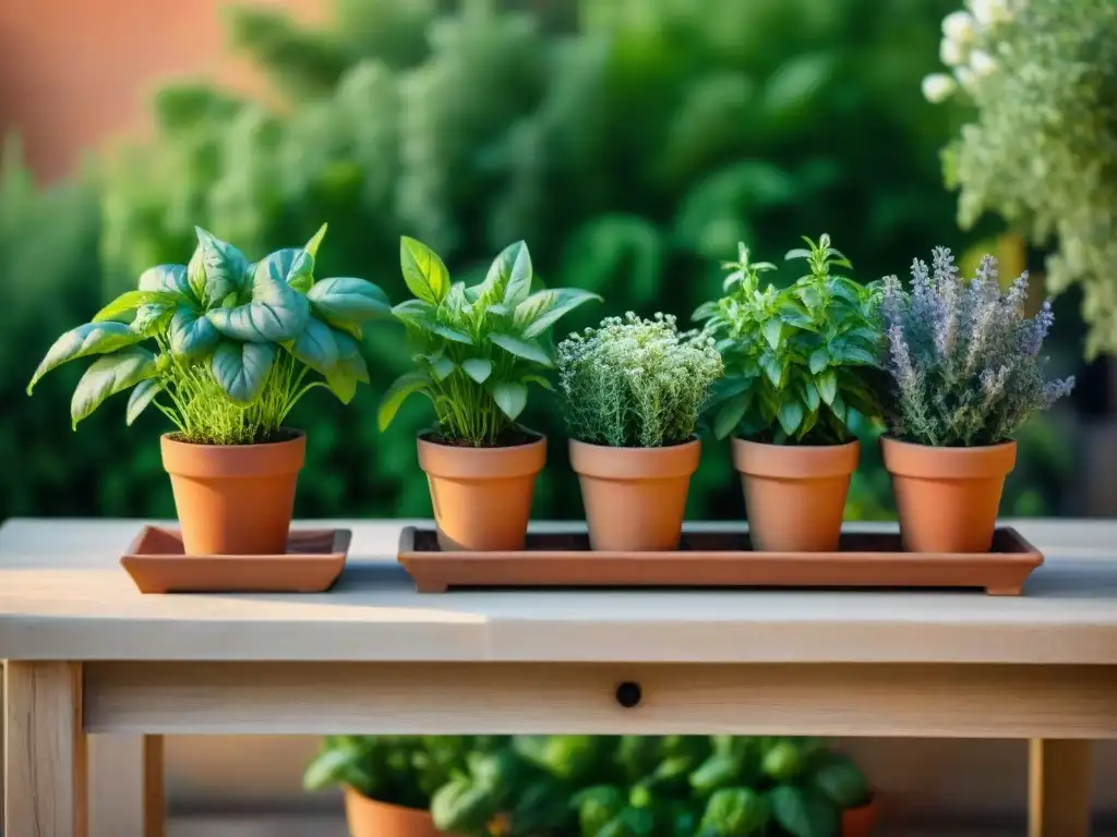 Un jardín de hierbas italianas con luz cálida, donde plantas de albahaca, orégano, romero y tomillo florecen en macetas de terracota