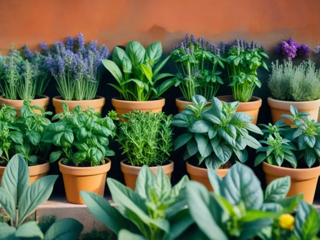 Un jardín de hierbas italianas con sabores distintivos, bañado por la cálida luz de la tarde, cuidado por una nonna sonriente