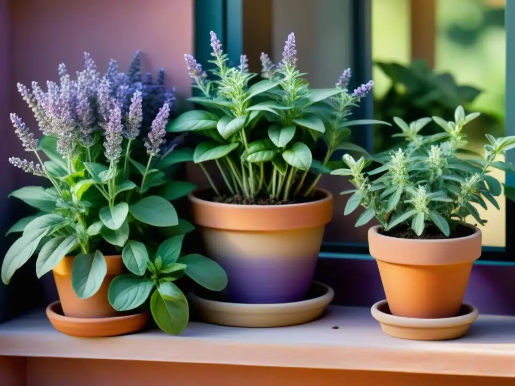 Un jardín de hierbas italianas vibrante y detallado, con basil, romero, tomillo, orégano y salvia en plena floración