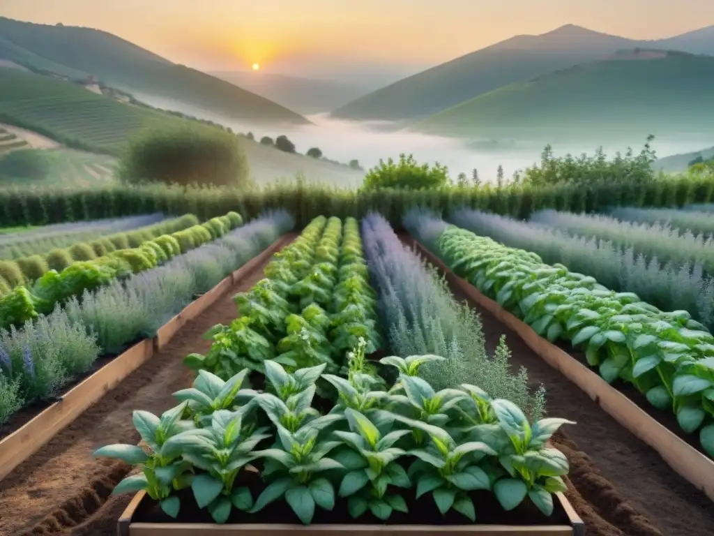 Un jardín de hierbas italiano bañado por el sol, con plantas de albahaca, orégano, romero y tomillo en camas elevadas