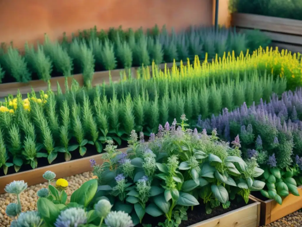 Un jardín de hierbas italiano detallado, con plantas de albahaca, orégano, romero y tomillo, bañadas por cálida luz solar