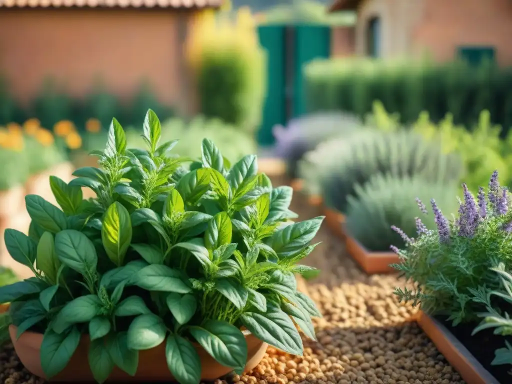 Un jardín de hierbas italiano exuberante bañado por la cálida luz del sol, donde crecen basil, romero y orégano en filas ordenadas