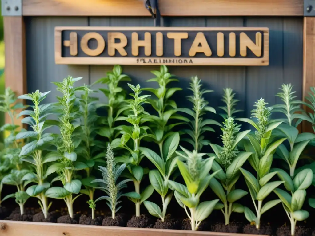 Un jardín de hierbas italiano con basil, romero, tomillo y orégano, bañado en luz dorada