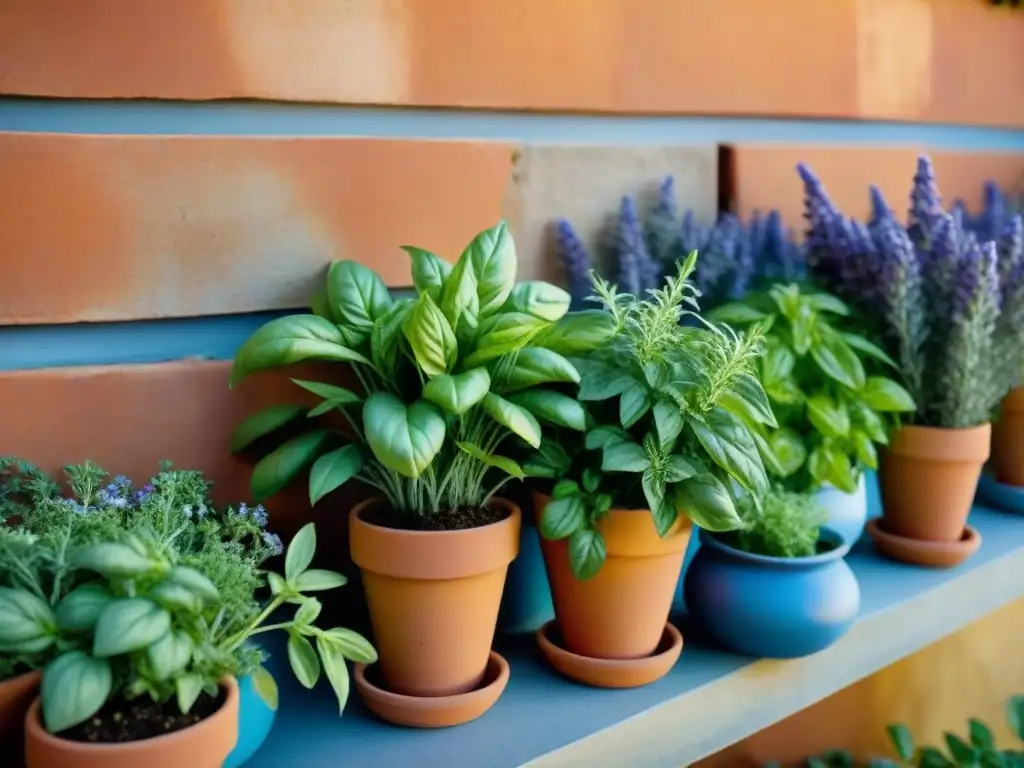 Un jardín de hierbas italiano tradicional bañado por la luz dorada, con albahaca, romero, orégano y tomillo en macetas de terracota