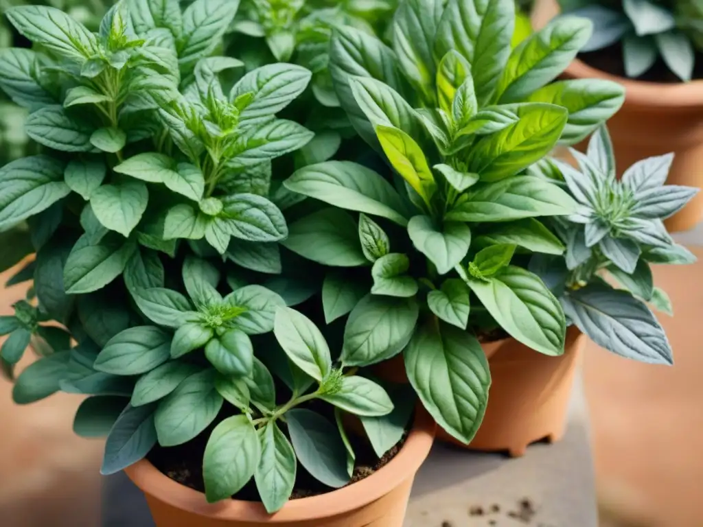 Un jardín de hierbas italiano vibrante en terracota, con basil, orégano y romero