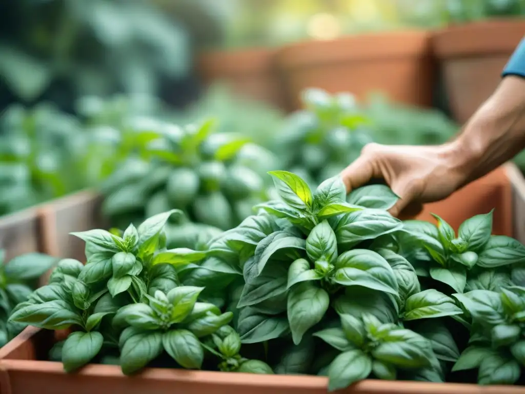 Un jardín de hierbas tradicional italiano con hojas de albahaca fresca, resaltando la frescura y los usos culinarios de la albahaca