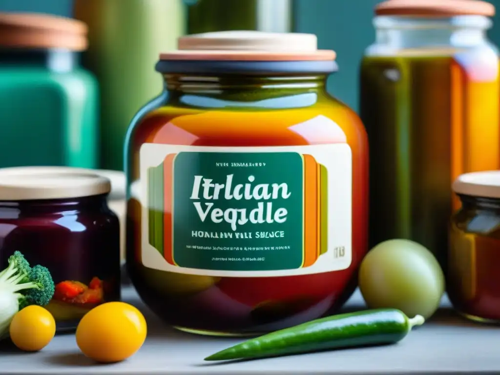 Una jarra de cerámica italiana con verduras en conserva y salsas, reflejando la artesanía y la conservación al estilo italiano