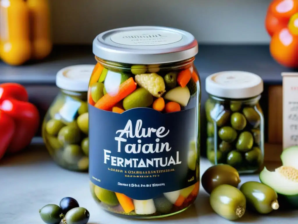 Una jarra de Giardiniera italiana fermentada, con vegetales encurtidos vibrantes y etiqueta artesanal