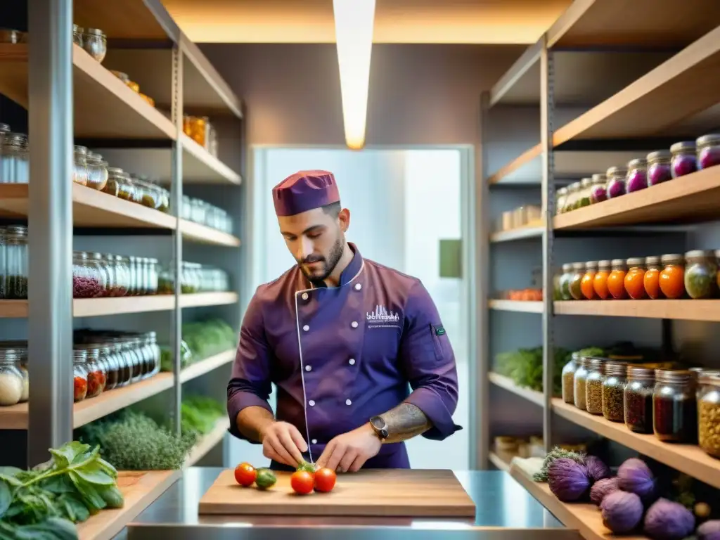 Un joven chef elige con pasión un alcaucil morado en una bulliciosa cocina llena de ingredientes olvidados de cocina italiana