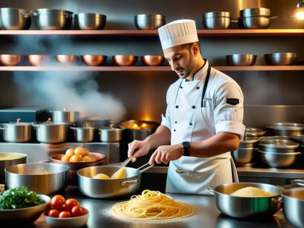 Un joven chef en una bulliciosa cocina italiana, creando platos tradicionales con destreza