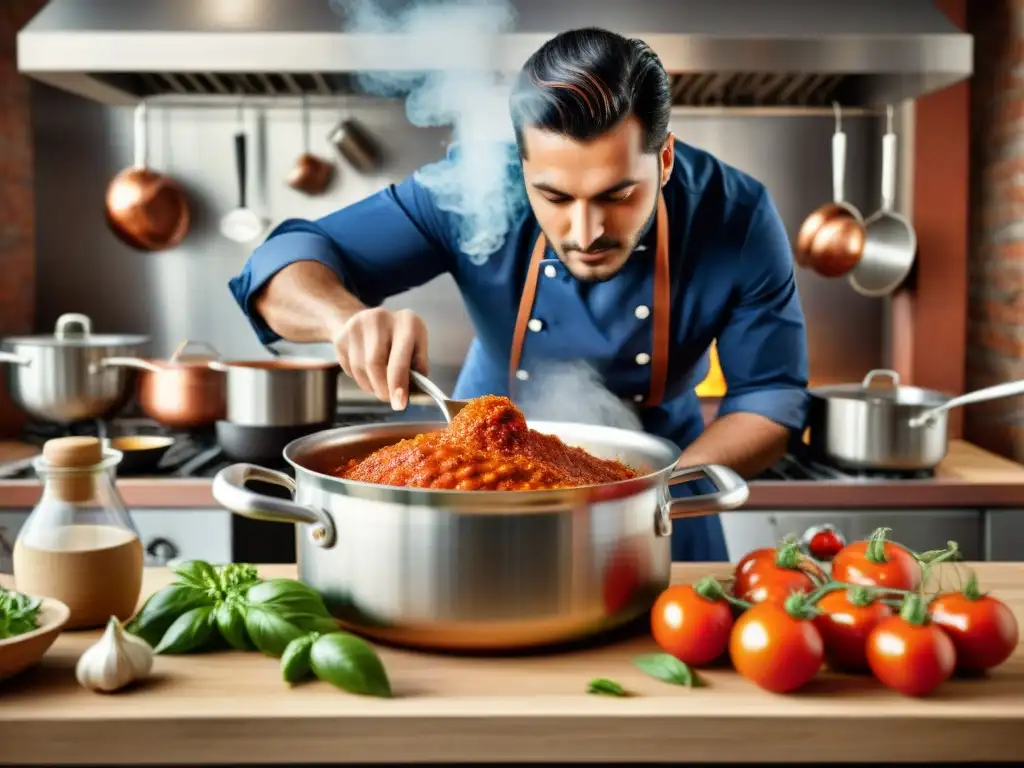 Un joven chef en una bulliciosa cocina italiana, removiendo con pasión una olla de salsa marinara rodeado de ingredientes frescos