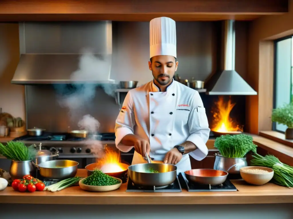 Joven chef en cocina italiana tradicional, preparando salsa marinara en ambiente vibrante