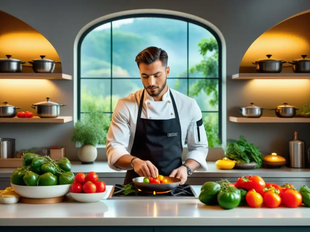 Un joven chef en una cocina italiana innovadora, creando platos con ingredientes vibrantes y frescos