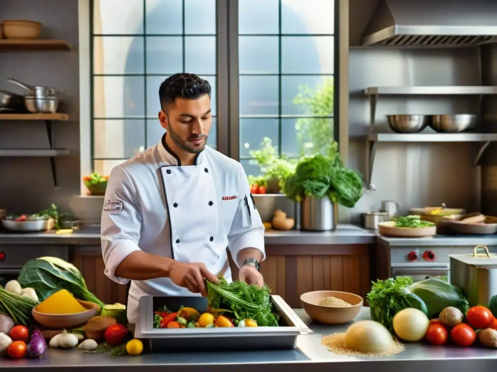 Joven chef en cocina italiana, reduciendo desperdicio de alimentos con determinación