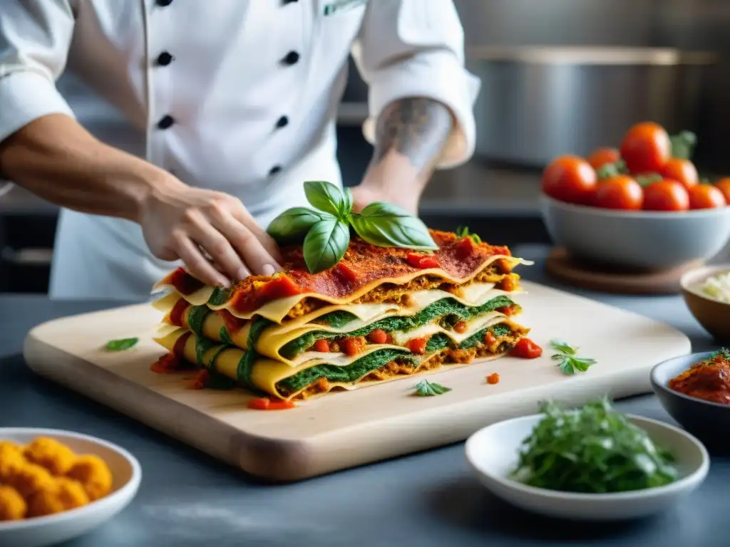 Joven chef preparando una colorida lasaña vegana en cocina italiana, reflejando pasión y creatividad culinaria