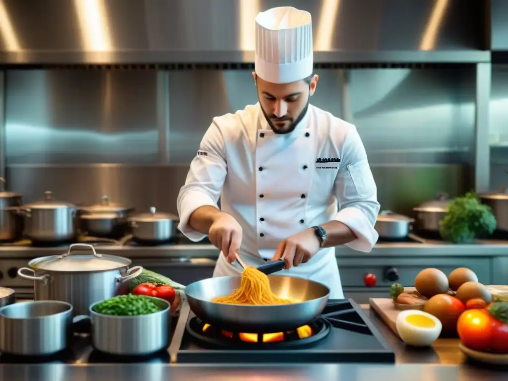 Un joven chef experto en tendencias cocina italiana, preparando un plato con pasión en una bulliciosa cocina llena de ingredientes frescos