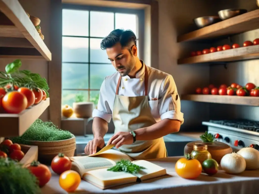 Un joven chef examina ingredientes olvidados en una cocina italiana, bañada por la luz dorada del sol