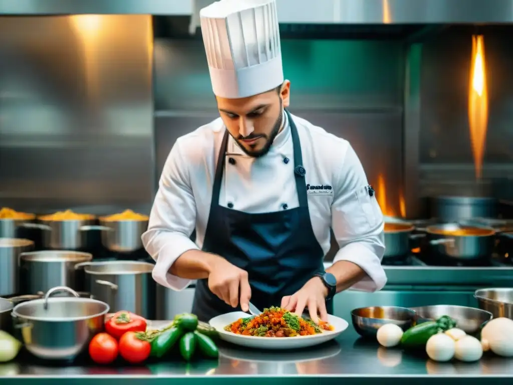 Un joven chef italiano innovando en la cocina con pasión y creatividad junto a ingredientes frescos y utensilios de cocina