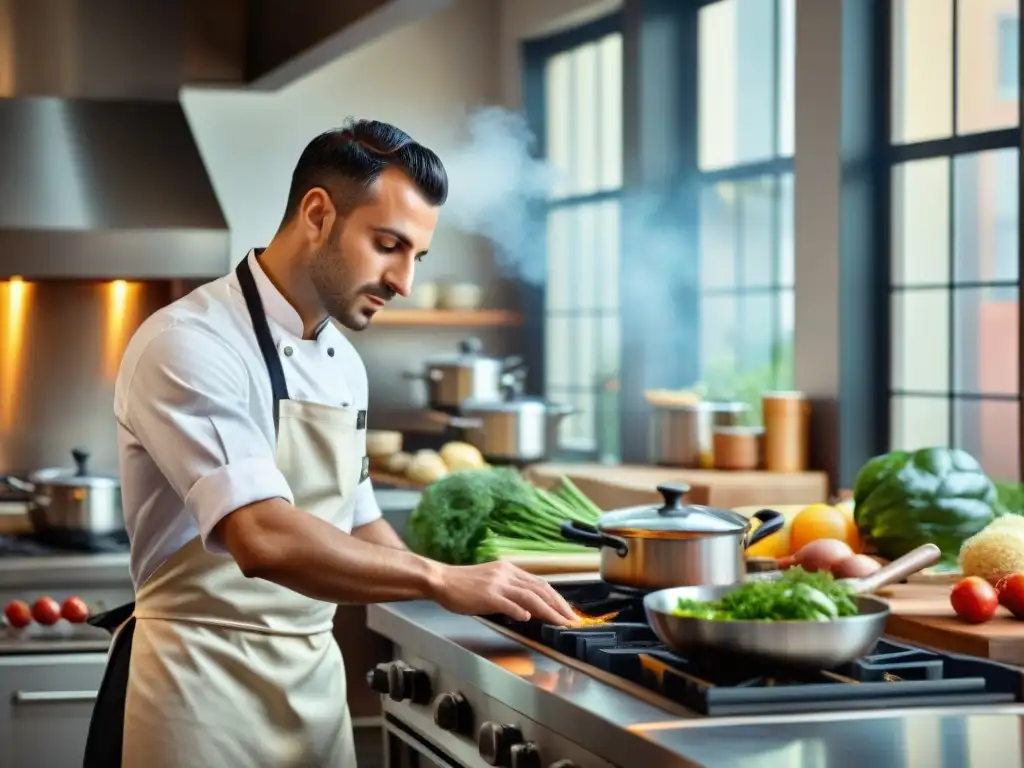 Un joven chef italiano en una cocina contemporánea, fusionando ingredientes tradicionales con técnicas modernas