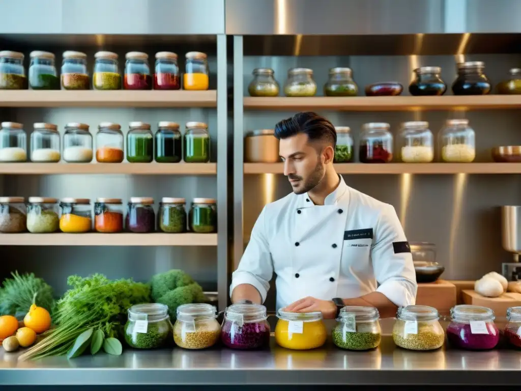 Un joven chef italiano en una cocina moderna, rodeado de tarros de fermentación