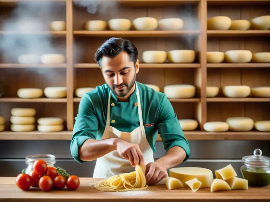 Joven chef italiano experto en pasta fresca en cocina soleada, con ingredientes tradicionales