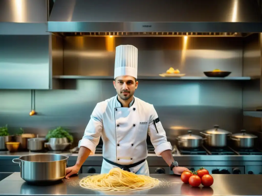 Un joven chef italiano experto en pasta fresca en una cocina moderna